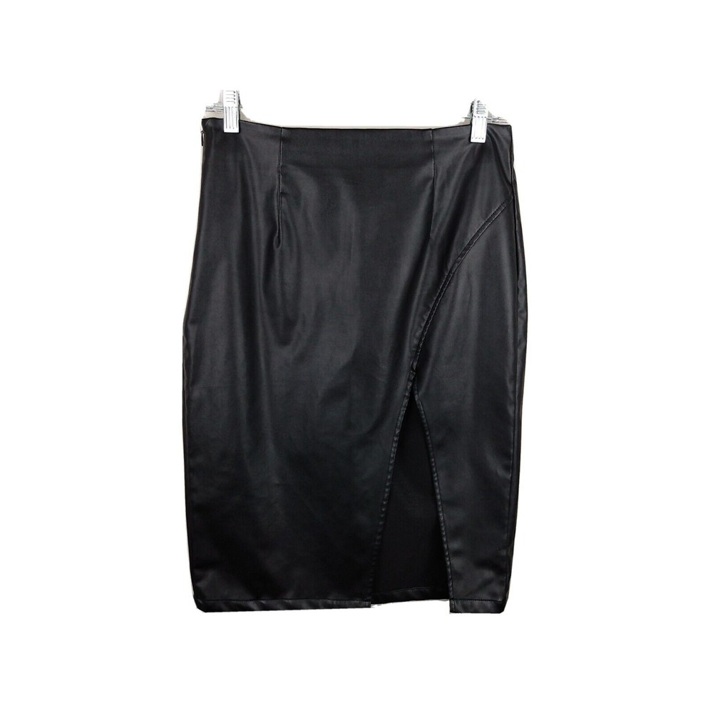 SHEIN Black faux leather Asymmetrical front slit midi skirt Size Medium